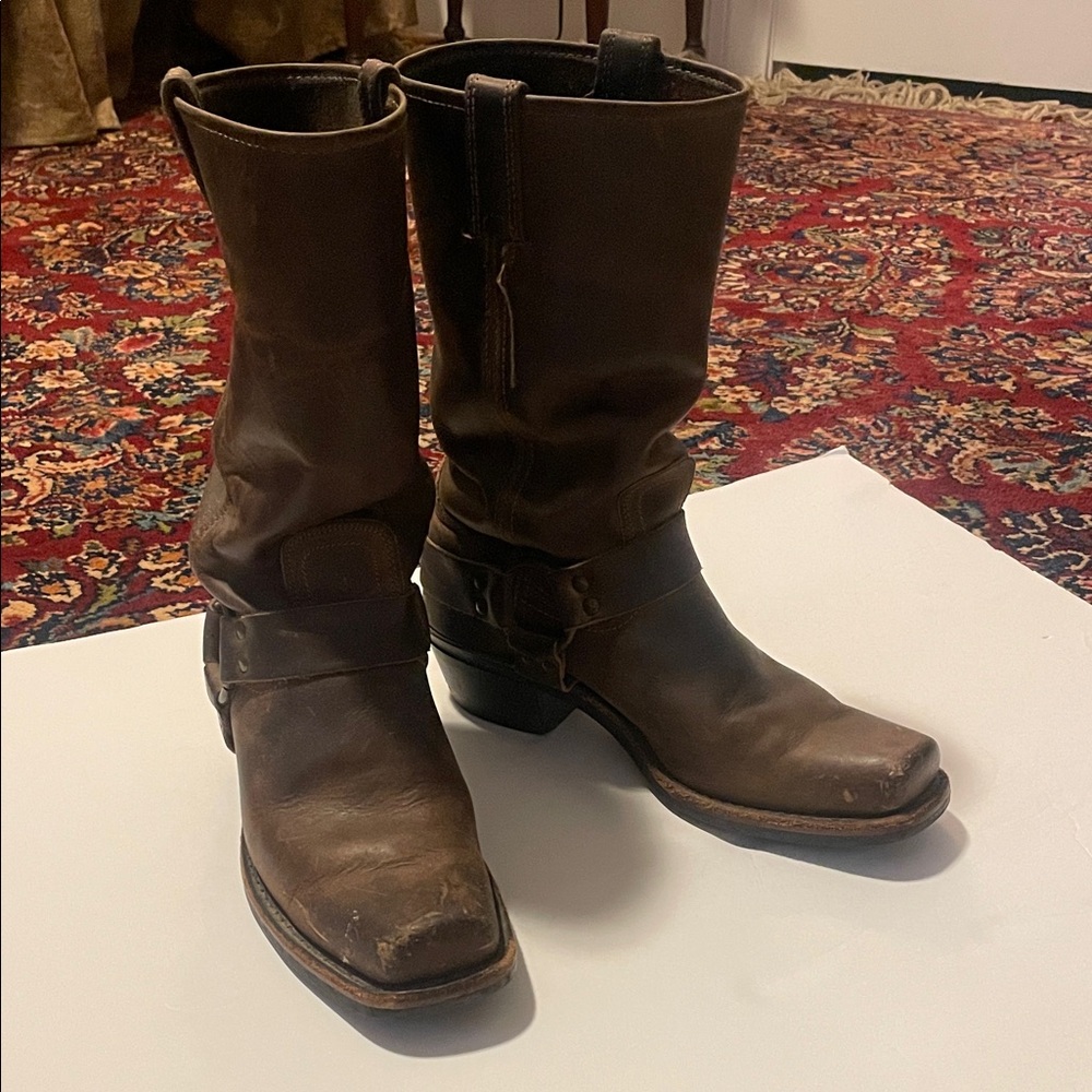 Frye Brown Leather Mid-Calf Heeled Harness Boots